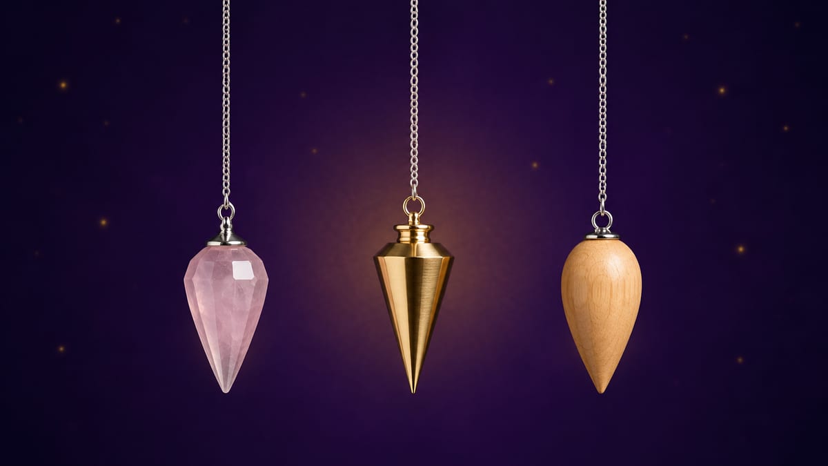 Trois pendules divinatoires suspendus côte à côte : goutte à facettes en quartz rose, cône en laiton doré et goutte en bois clair