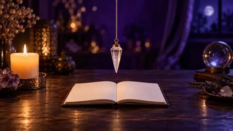 Pendule divinatoire en cristal de roche suspendu au-dessus d'un carnet ouvert, près d'une bougie, sur une table en bois