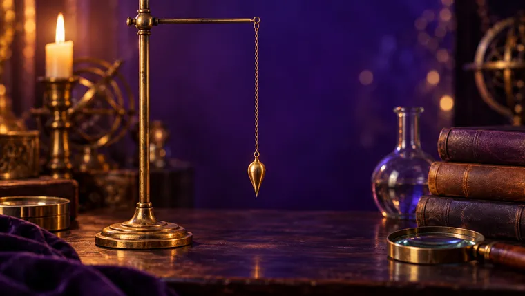Pendule en laiton suspendu à un support de laboratoire ancien, entouré de livres anciens et d'une loupe, évoquant les expériences de Chevreul sur l'effet idéomoteur