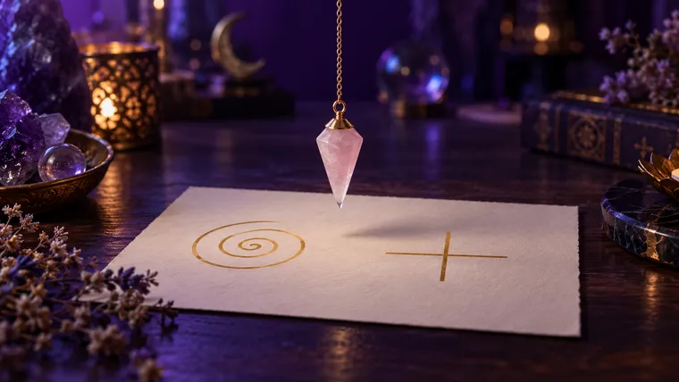 Pendule en quartz rose au-dessus d'une feuille où sont dessinées une spirale et une croix, exercice de radiesthésie pour apprendre le pendule