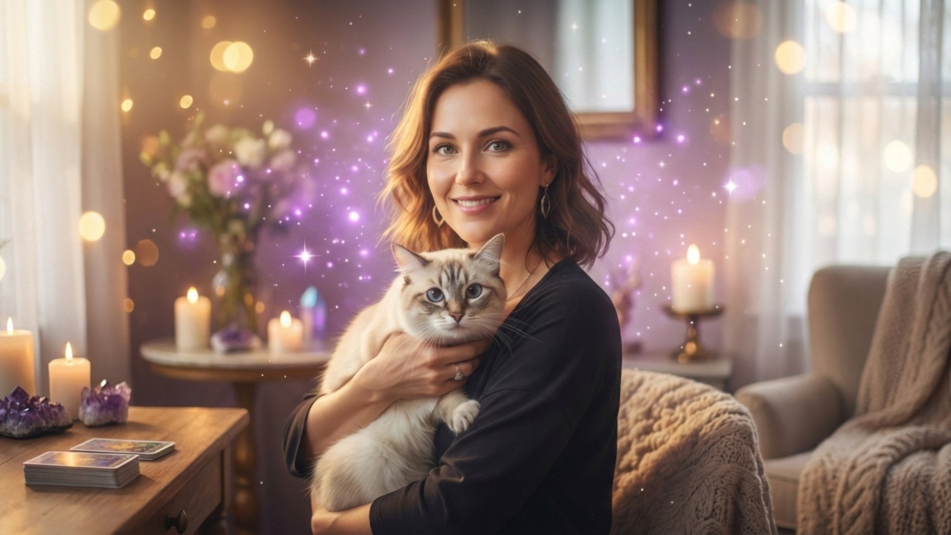 Voyancecats - Voyante avec son chat dans un cabinet mystique