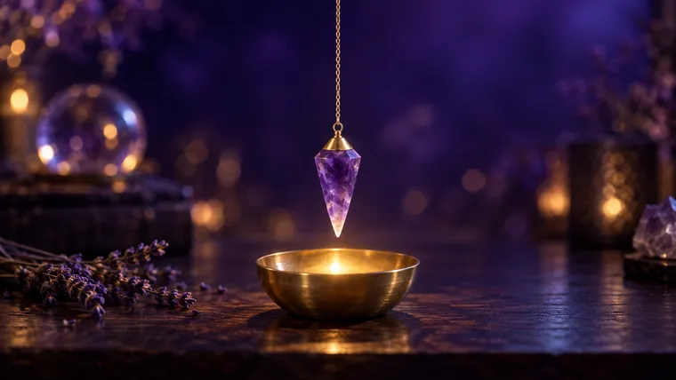 Pendule en améthyste suspendu au-dessus d'une coupelle en laiton baignée d'une lueur dorée, symbole de la magnétisation du pendule