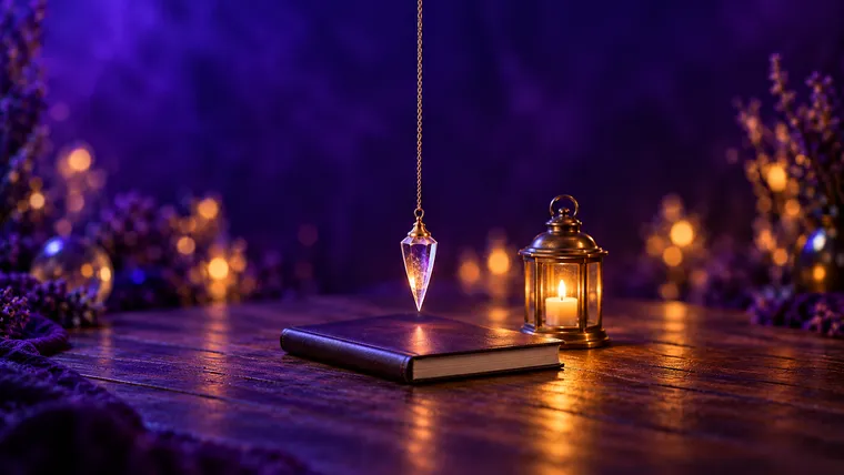 Pendule en cristal de roche immobile au-dessus d'un carnet fermé, à côté d'une lanterne allumée, pour une pratique du pendule sereine et sans danger