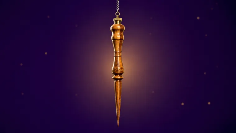 Pendule de Thot égyptien en bois d'olivier tourné, forme allongée et fuselée à pointe fine, capuchon en laiton, suspendu à une fine chaîne sur fond violet étoilé