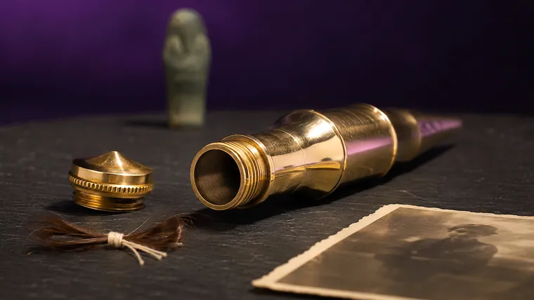 Pendule de Thot en laiton posé sur de l'ardoise, capuchon dévissé révélant la chambre témoin, avec une mèche de cheveux et une photo ancienne, amulette égyptienne floue en arrière-plan