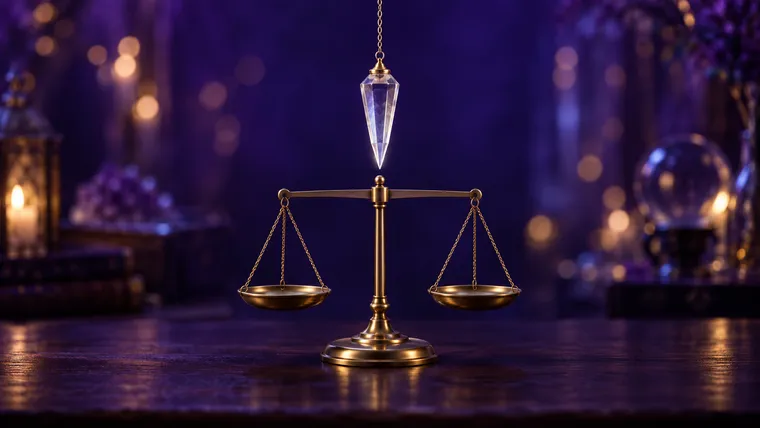 Pendule divinatoire en cristal de roche suspendu au-dessus d'une balance ancienne en laiton, symbole de la fiabilité de ses réponses, dans une lumière violette