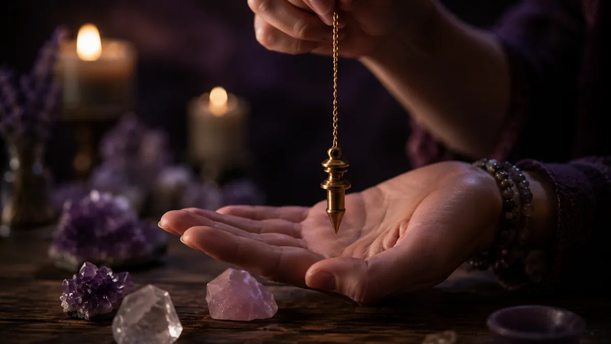 Pendule divinatoire en laiton tenu entre le pouce et l'index, oscillant au-dessus d'une main ouverte, entouré d'améthystes, de quartz et de bougies