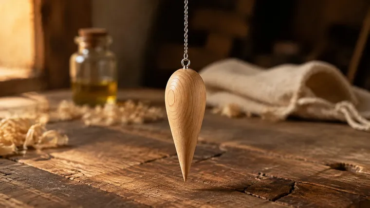 Pendule divinatoire en bois clair artisanal, forme goutte au grain visible, suspendu au-dessus d'un établi avec copeaux, flacon d'huile d'entretien et pochette en tissu écru