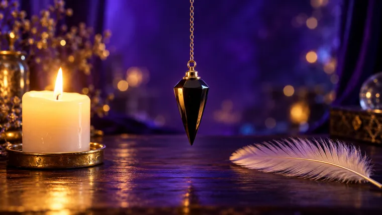 Pendule en obsidienne suspendu entre une bougie allumée et une plume posée sur une table en bois, symbole des idées reçues sur les dangers du pendule