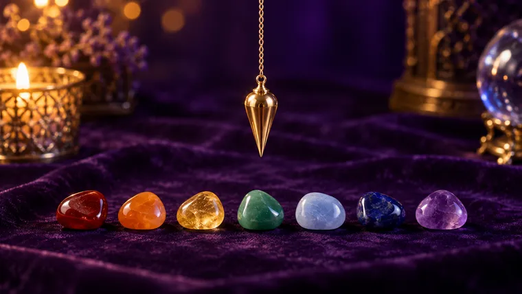 Pendule en laiton au-dessus de sept pierres colorées alignées représentant les chakras, outil du magnétiseur pour un bilan énergétique