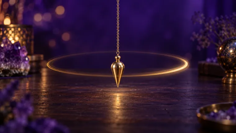 Pendule en laiton doré en rotation dans le sens des aiguilles d'une montre, une traînée de lumière dorée dessinant un cercle au-dessus d'une table en bois