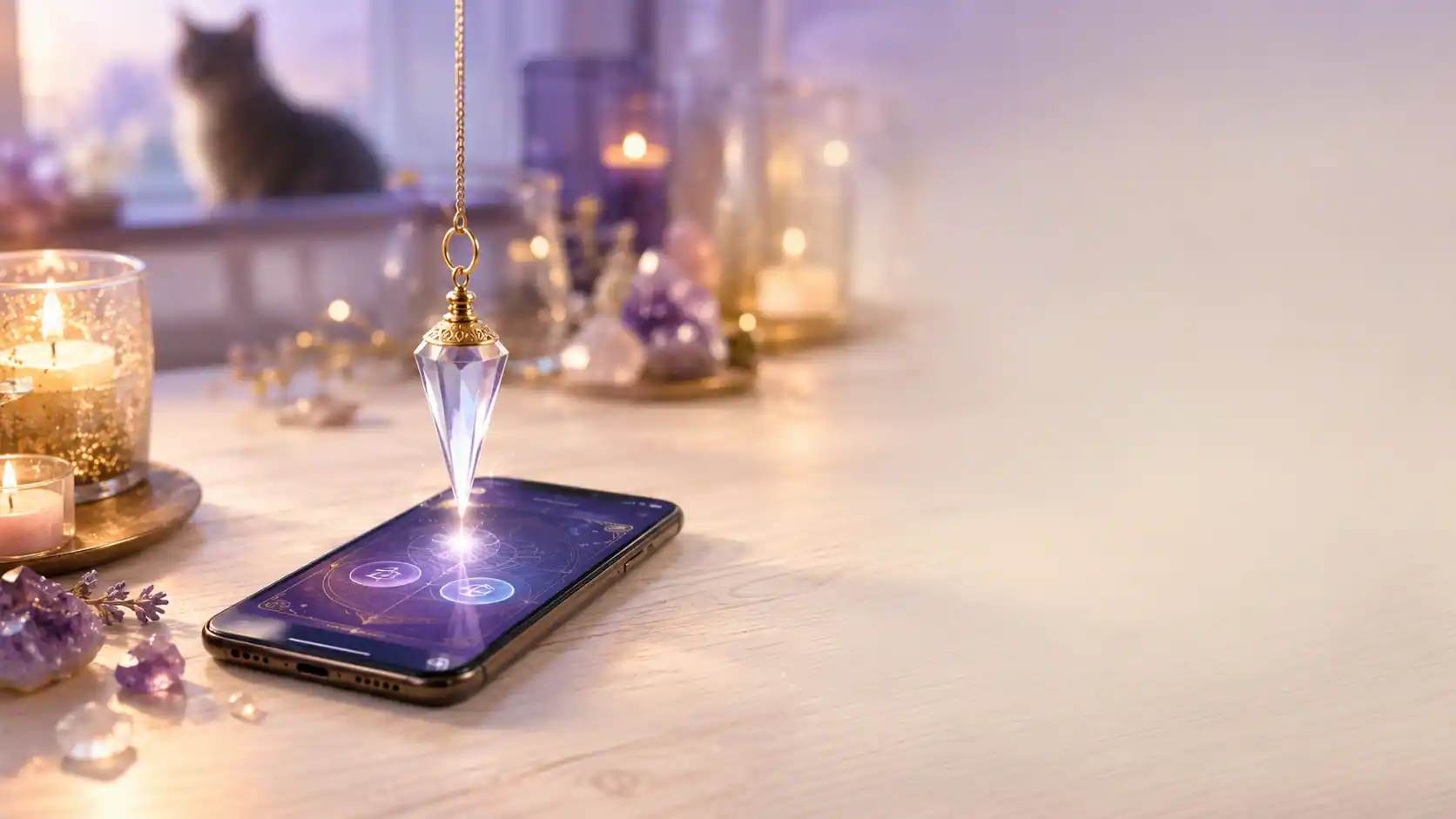 Pendule divinatoire oui non gratuit en ligne avec smartphone, bougies et ambiance mystique VoyanceCats