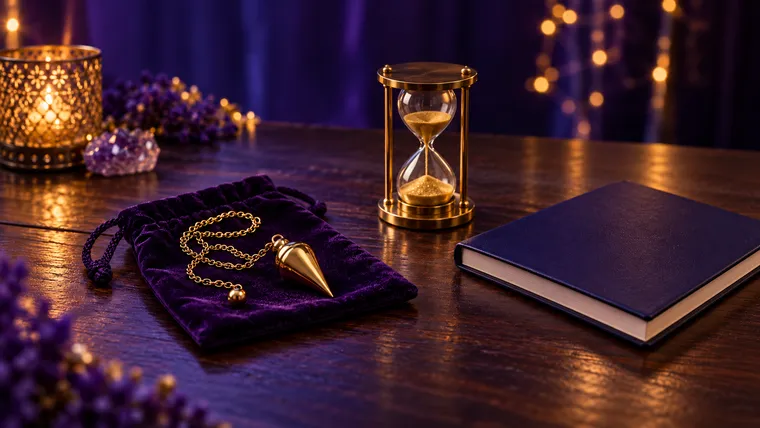 Pendule en laiton posé sur sa pochette en velours à côté d'un sablier et d'un carnet, rituel pour limiter le temps des séances de pendule