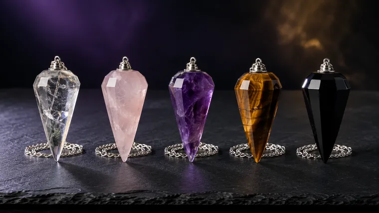 Cinq pendules divinatoires en pierre naturelle à facettes alignés sur de l'ardoise : cristal de roche, quartz rose, améthyste, œil de tigre et obsidienne
