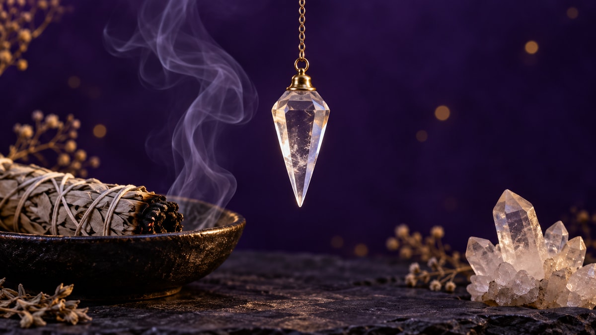 Pendule en cristal de roche suspendu près d'une fumée de sauge, avec un amas de quartz sur fond violet