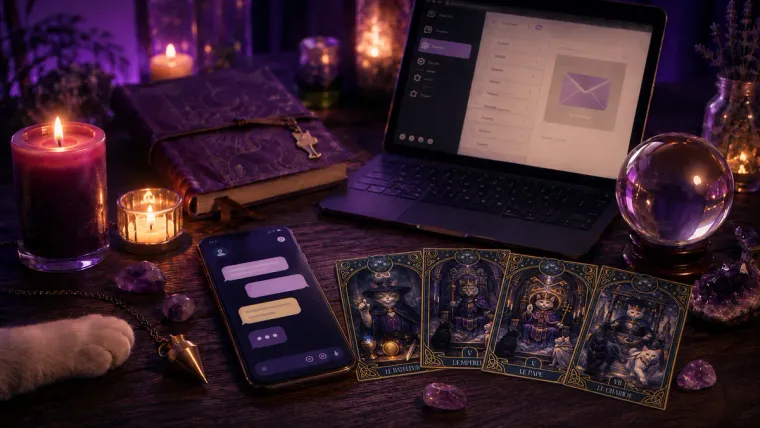 Question de voyance gratuite par SMS, mail ou téléphone : smartphone et ordinateur entourés de cartes de tarot, d'un pendule et d'une boule de cristal