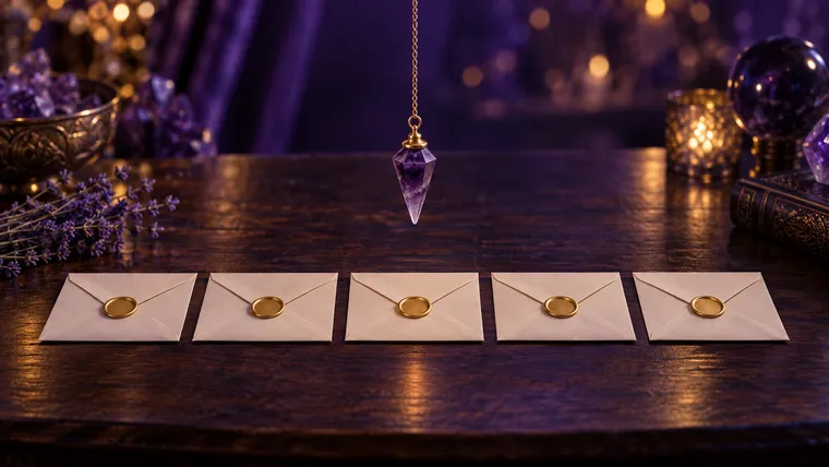 Pendule en améthyste au-dessus d'une rangée d'enveloppes scellées à la cire dorée, pour un test à l'aveugle de la fiabilité du pendule