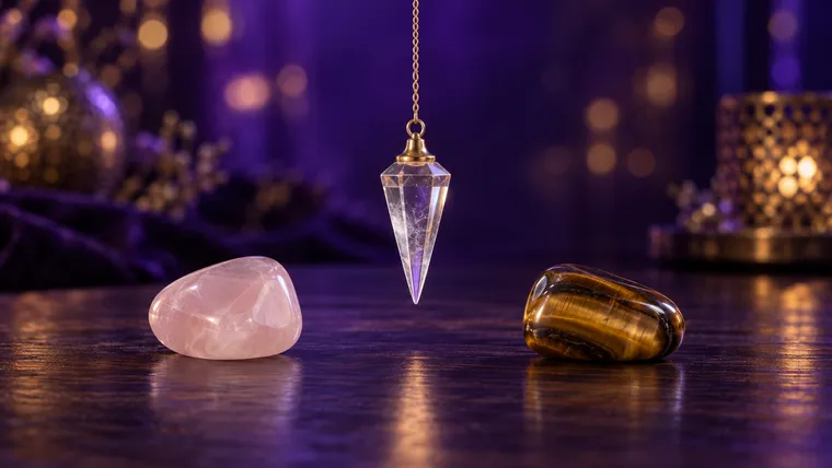 Pendule en cristal de roche au-dessus d'un quartz rose et d'un œil de tigre posés sur une table en bois, exercice pour tester son magnétisme